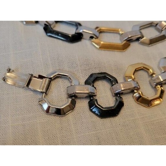 Retro Necklace Set Chunky Brutalist Chain Choker Bracelet Earring Tri Tone - Picture 3 of 12